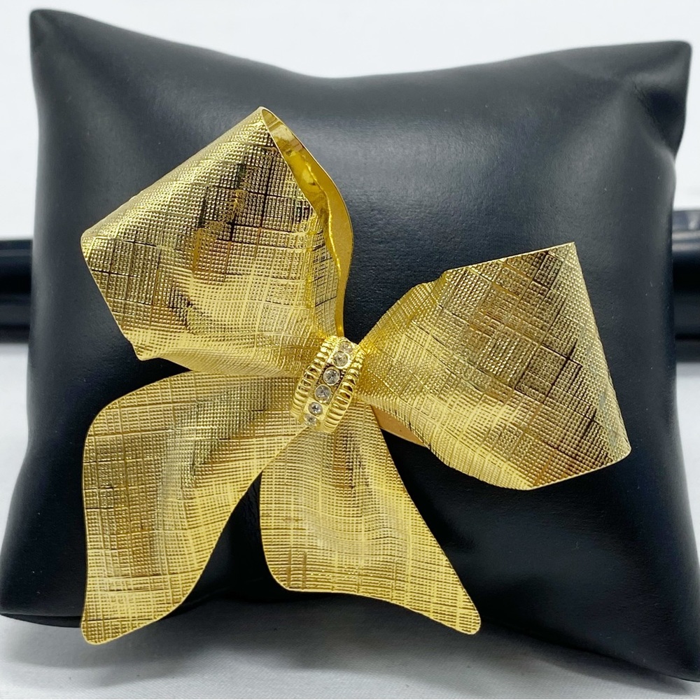 Vintage Gold 3D Bow with Rhinestones Brooch Pin Large